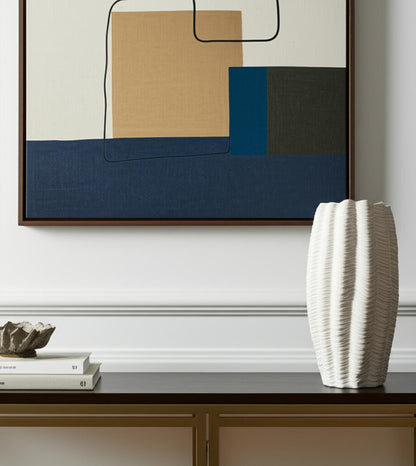 24" CREAM CYLINDER CERAMIC SCULPTURAL WAVES TABLE VASE