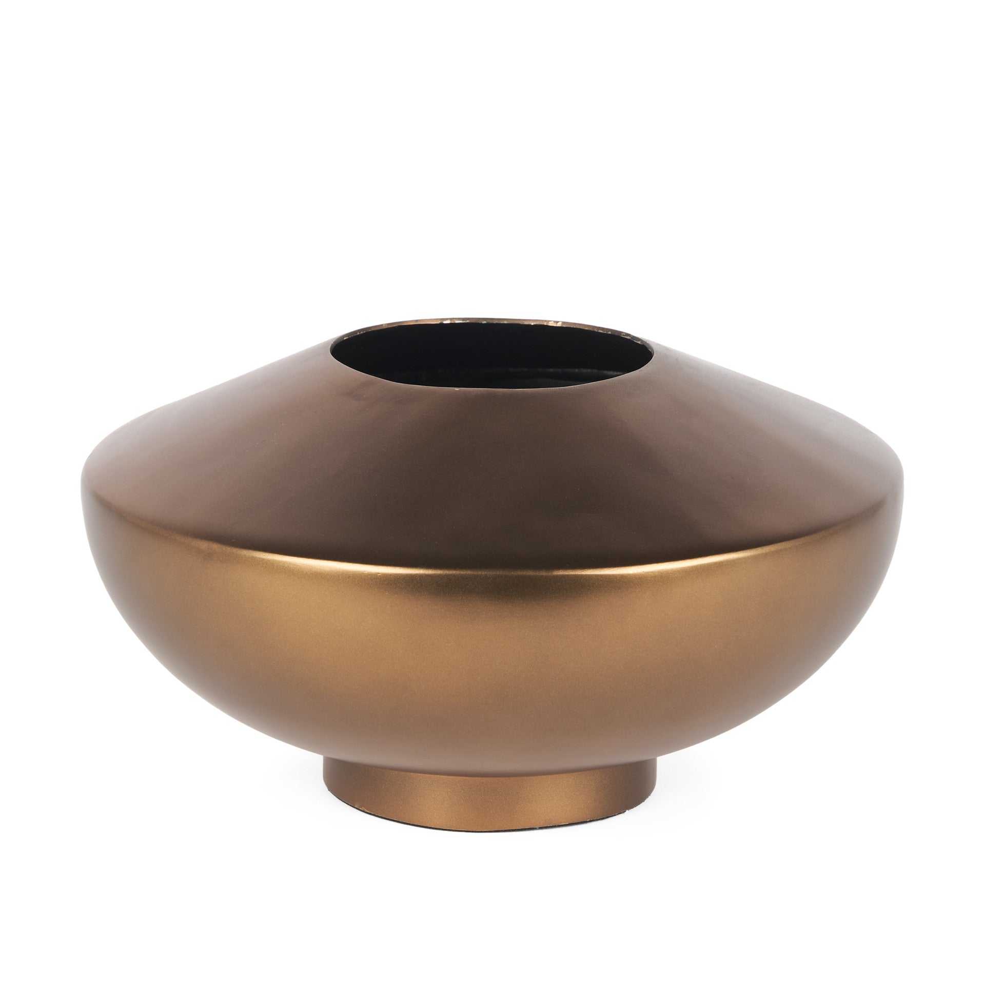 Low antiqued bronze metal table vase from the Palisades fall collection