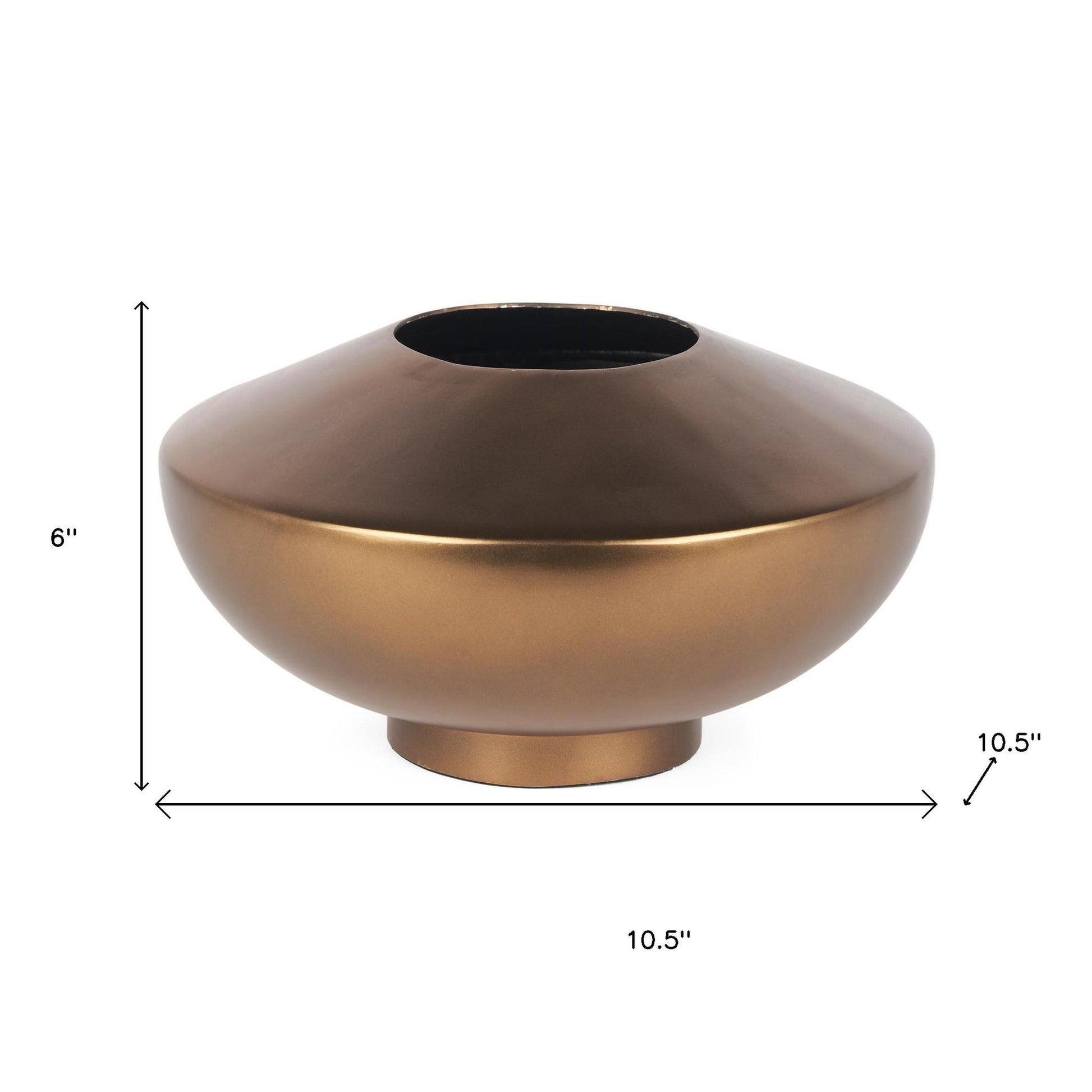 Low antiqued bronze metal table vase from the Palisades fall collection, with measures