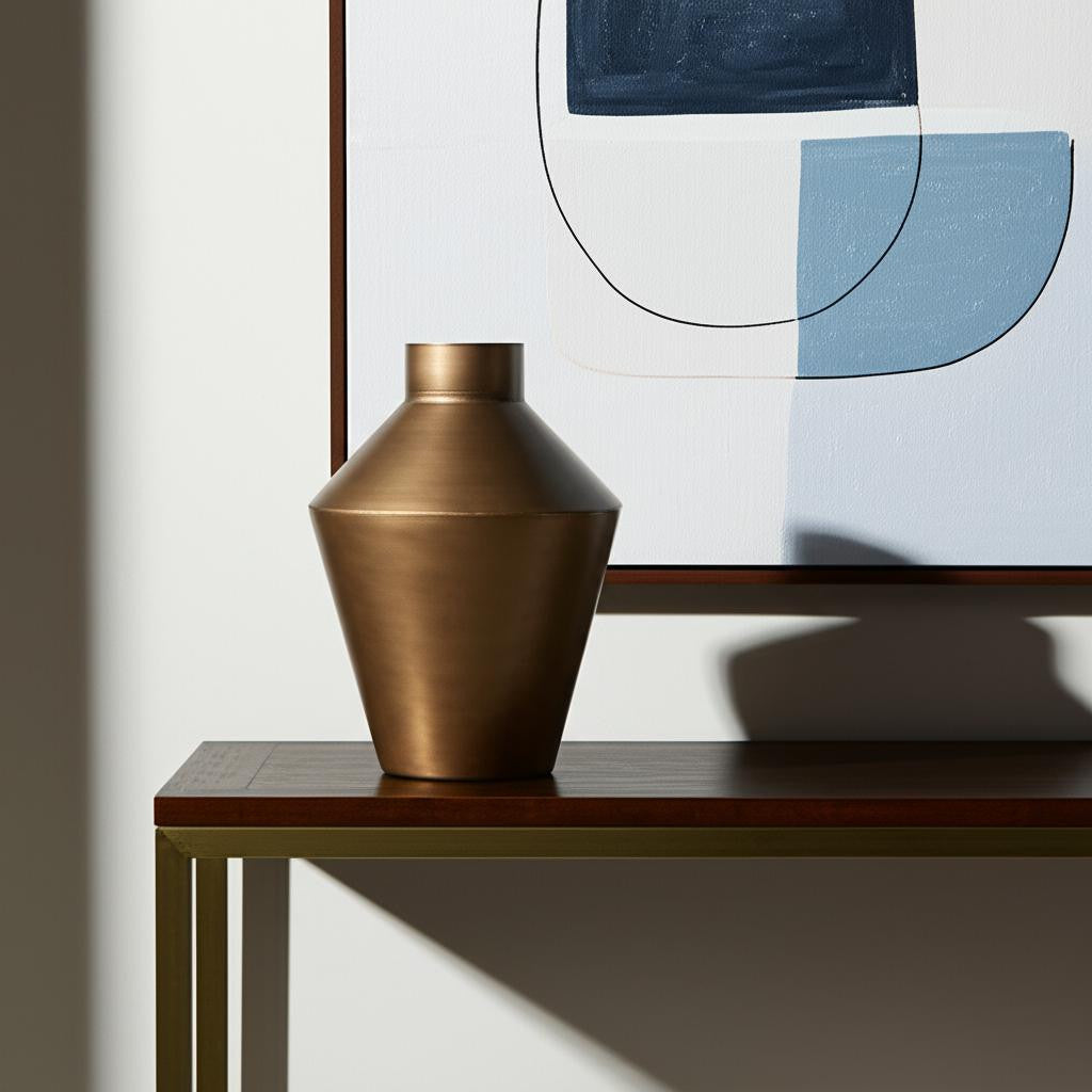 Antiqued bronze trumpet-shaped table vase from the Palisades fall collection