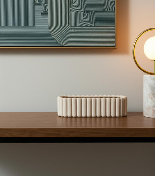 6" BEIGE OVAL CERAMIC RIBBED TEXTURE TABLE VASE