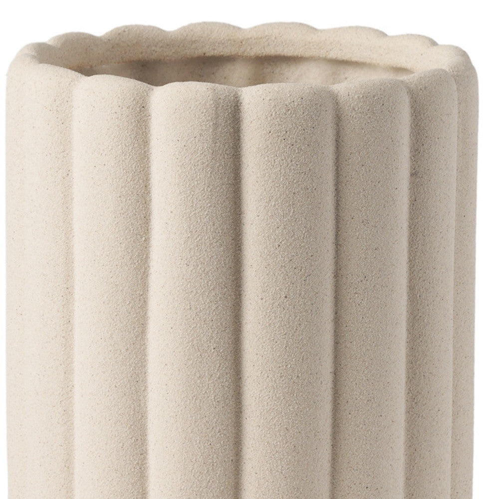 11" BEIGE CYLINDER RIBBED TEXTURE CERAMIC TABLE VASE