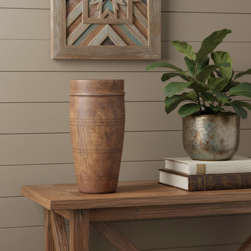 11" BROWN SOLID WOOD CYLINDER TABLE VASE - Varnish & Vibe