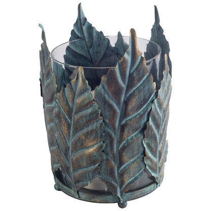 8" GOLD DISTRESSED BOTANICAL LEAF METAL AND GLASS TABLETOP HURRICANE CANDLE HOLDER - Varnish & Vibe