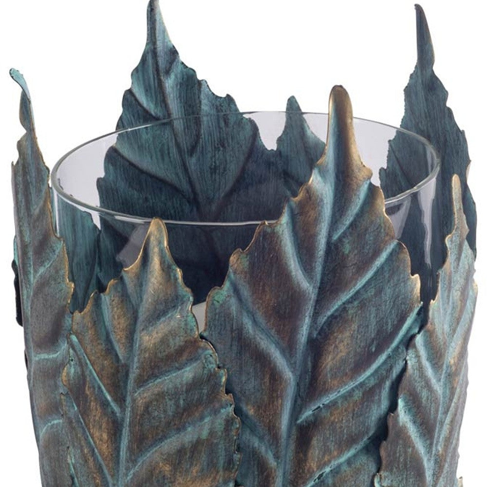 8" GOLD DISTRESSED BOTANICAL LEAF METAL AND GLASS TABLETOP HURRICANE CANDLE HOLDER - Varnish & Vibe