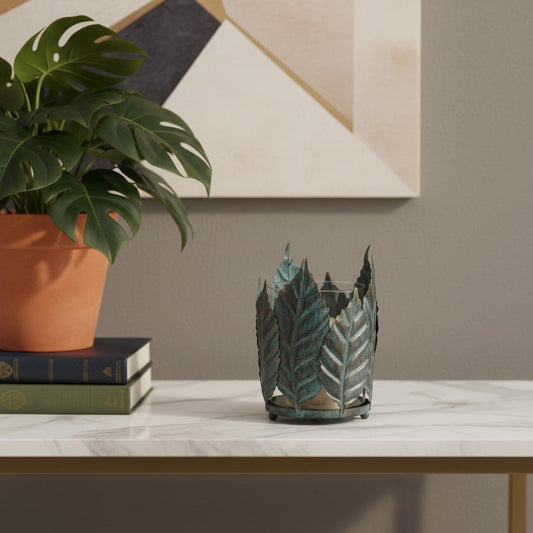 8" GOLD DISTRESSED BOTANICAL LEAF METAL AND GLASS TABLETOP HURRICANE CANDLE HOLDER