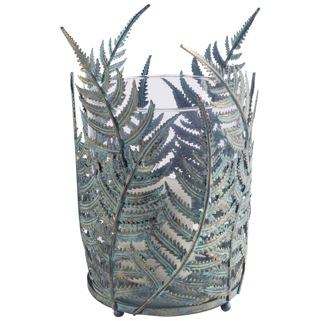 11" GREEN AND GOLD DISTRESSED BOTANICAL LEAF METAL TABLETOP HURRICANE CANDLE HOLDER - Varnish & Vibe