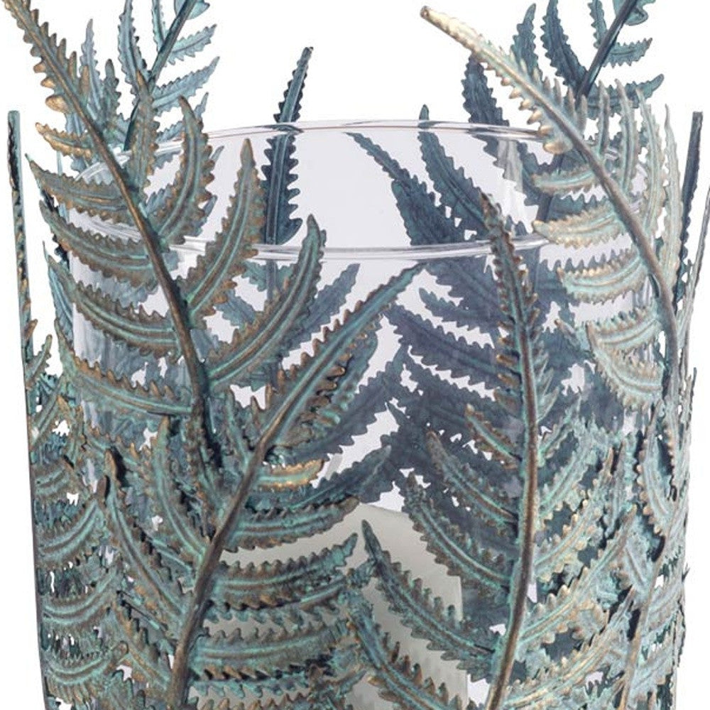 11" GREEN AND GOLD DISTRESSED BOTANICAL LEAF METAL TABLETOP HURRICANE CANDLE HOLDER - Varnish & Vibe