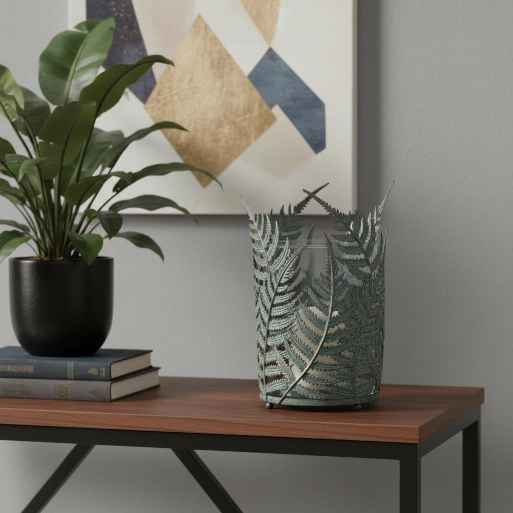 11" GREEN AND GOLD DISTRESSED BOTANICAL LEAF METAL TABLETOP HURRICANE CANDLE HOLDER - Varnish & Vibe
