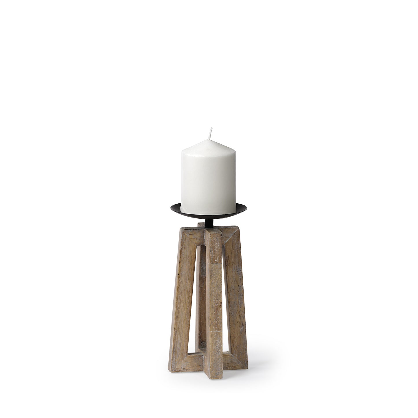 9" LIGHT BROWN DISTRESSED GEOMETRIC SOLID WOOD AND METAL TABLETOP PILLAR CANDLE HOLDER - Varnish & Vibe