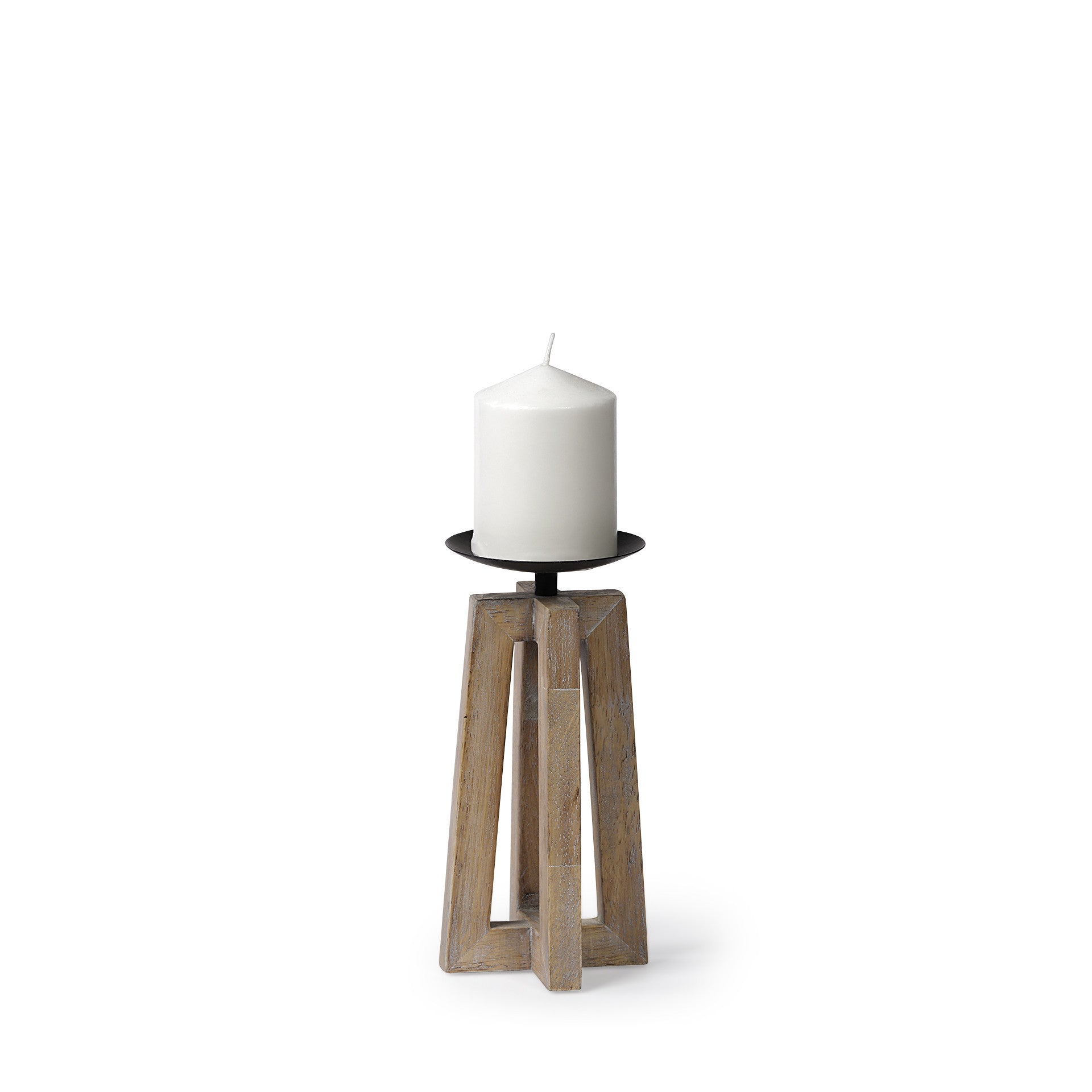 9" LIGHT BROWN DISTRESSED GEOMETRIC SOLID WOOD AND METAL TABLETOP PILLAR CANDLE HOLDER - Varnish & Vibe