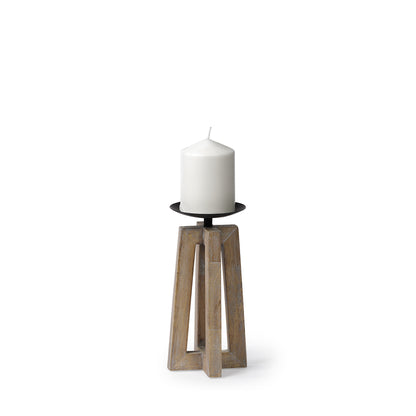 9" LIGHT BROWN DISTRESSED GEOMETRIC SOLID WOOD AND METAL TABLETOP PILLAR CANDLE HOLDER - Varnish & Vibe