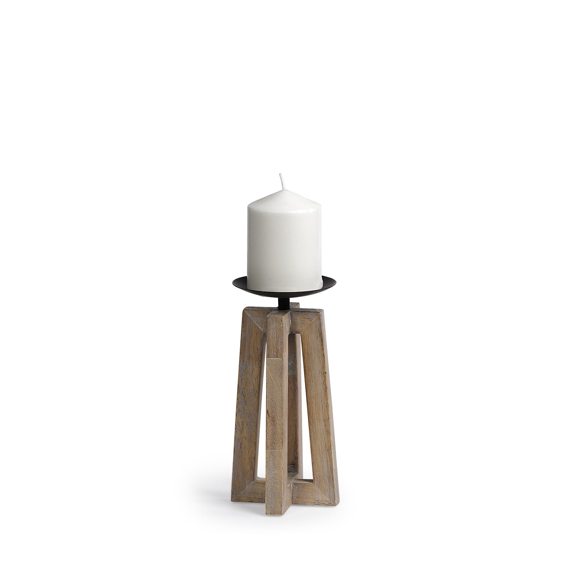 9" LIGHT BROWN DISTRESSED GEOMETRIC SOLID WOOD AND METAL TABLETOP PILLAR CANDLE HOLDER - Varnish & Vibe