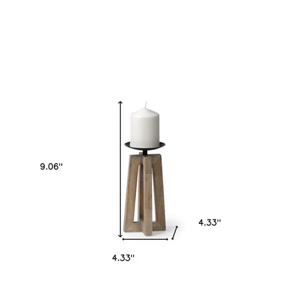 wood metal tabletop pillar candle, metal tabletop pillar candle holder, tabletop pillar candle holder, metal tabletop pillar candle, brown distressed geometric solid wood