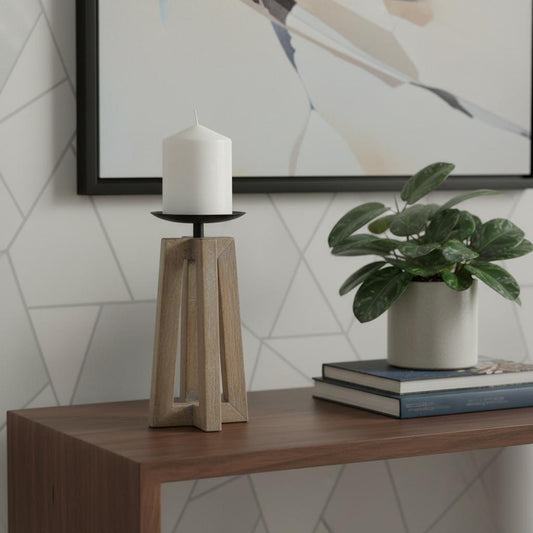 9" LIGHT BROWN DISTRESSED GEOMETRIC SOLID WOOD AND METAL TABLETOP PILLAR CANDLE HOLDER