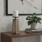 9" LIGHT BROWN DISTRESSED GEOMETRIC SOLID WOOD AND METAL TABLETOP PILLAR CANDLE HOLDER - Varnish & Vibe