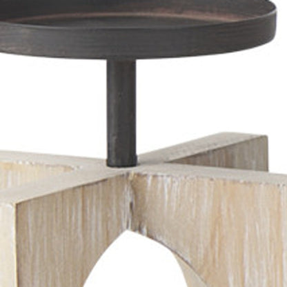 9" BLACK DISTRESSED GEOMETRIC SOLID WOOD AND METAL TABLETOP PILLAR CANDLE HOLDER - Varnish & Vibe