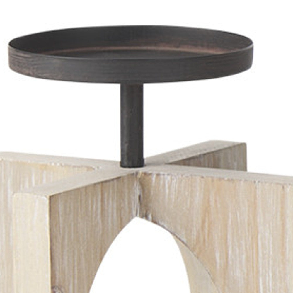 9" BLACK DISTRESSED GEOMETRIC SOLID WOOD AND METAL TABLETOP PILLAR CANDLE HOLDER - Varnish & Vibe