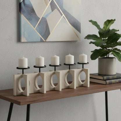 9" BLACK DISTRESSED GEOMETRIC SOLID WOOD AND METAL TABLETOP PILLAR CANDLE HOLDER - Varnish & Vibe