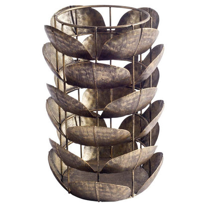 LAUREL 10" BRONZE DISTRESSED BOTANICAL LEAF METAL TABLETOP HURRICANE CANDLE HOLDER