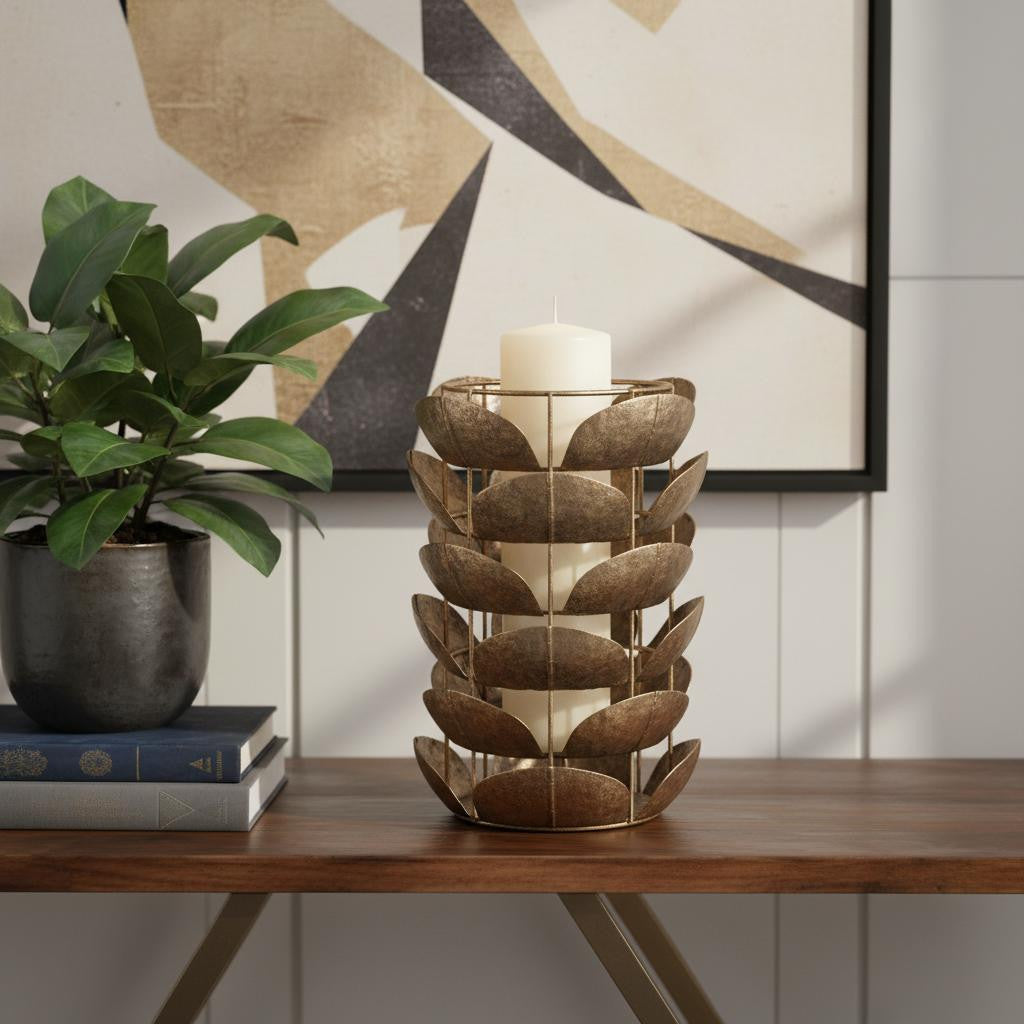 LAUREL 10" BRONZE DISTRESSED BOTANICAL LEAF METAL TABLETOP HURRICANE CANDLE HOLDER