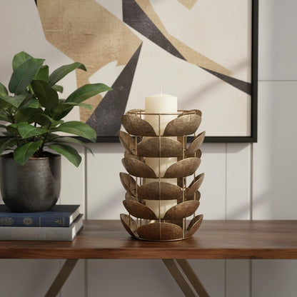 LAUREL 10" BRONZE DISTRESSED BOTANICAL LEAF METAL TABLETOP HURRICANE CANDLE HOLDER