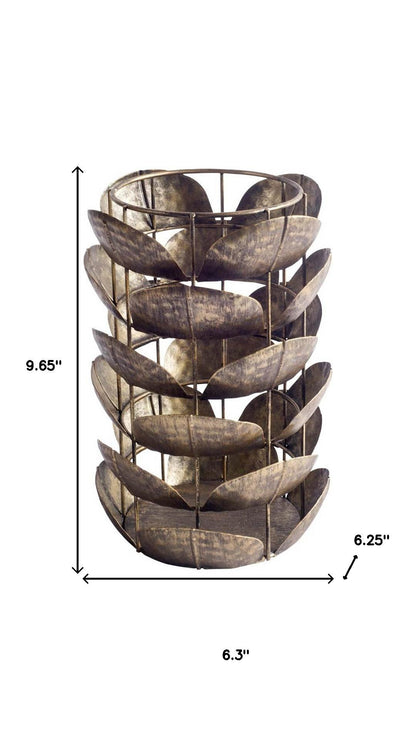 metal tabletop hurricane candle holder, leaf metal tabletop hurricane candle, tabletop hurricane candle holder, metal tabletop hurricane candle, 10" bronze distressed botanical leaf