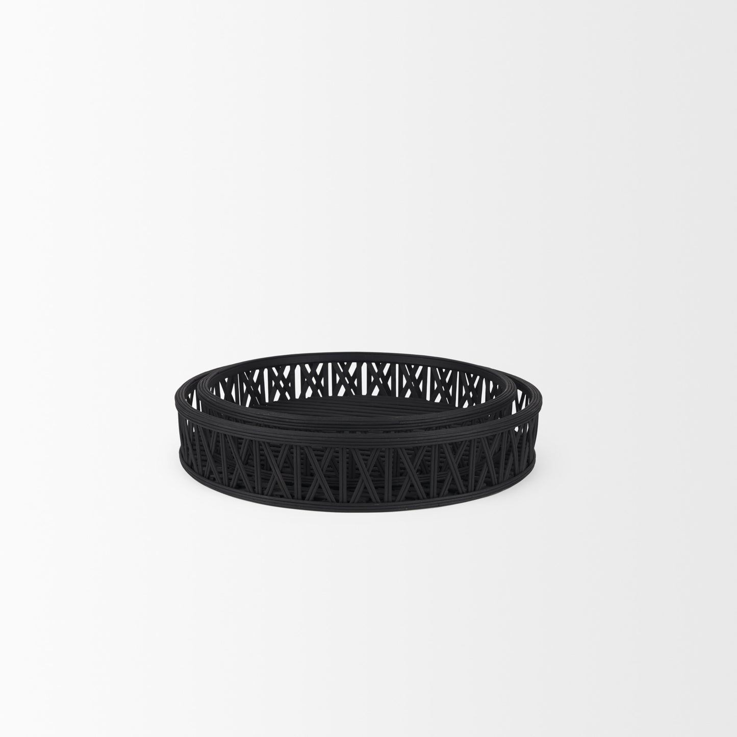 SET OF TWO BLACK ROUND WICKER HANDMADE SERVING TRAYS