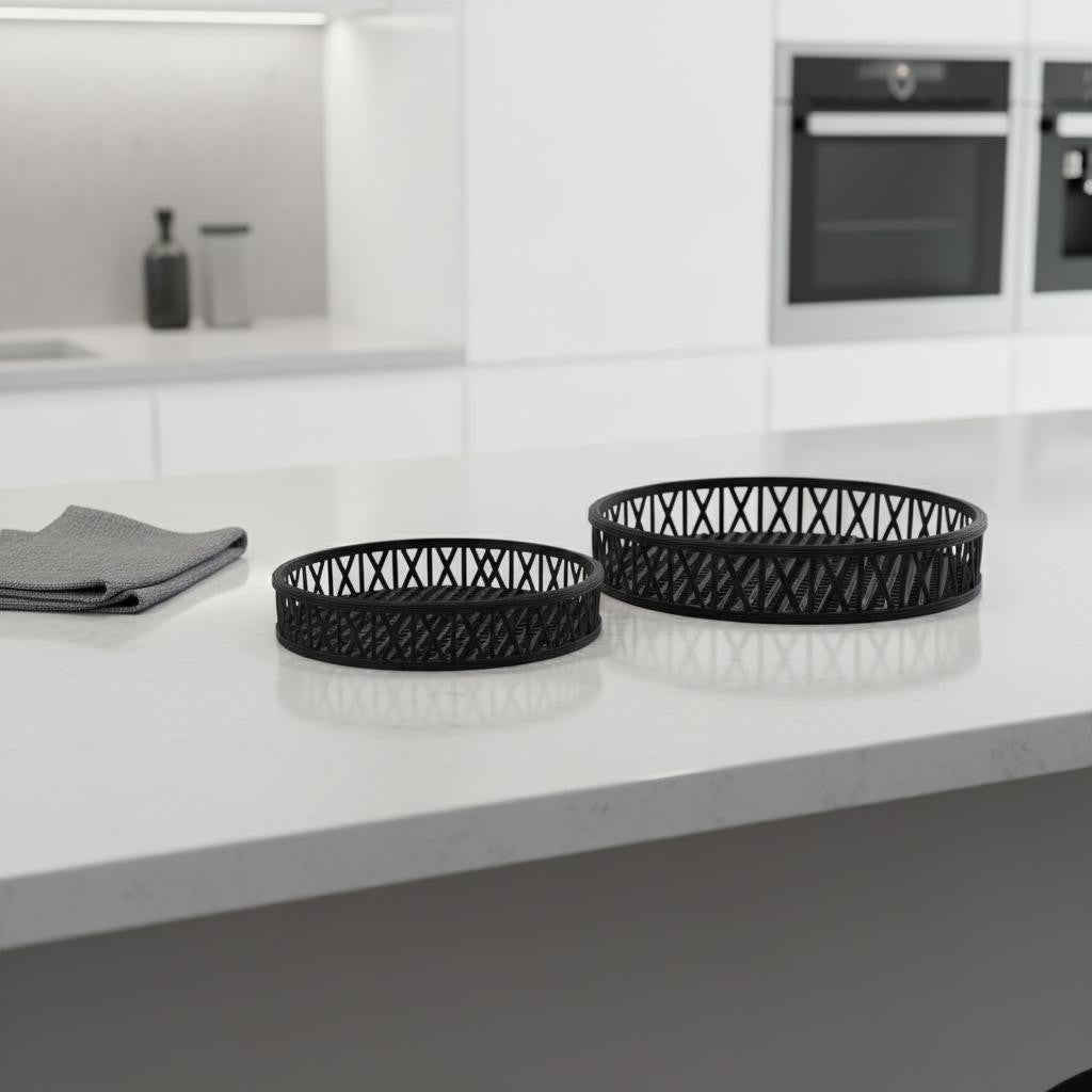 SET OF TWO BLACK ROUND WICKER HANDMADE SERVING TRAYS