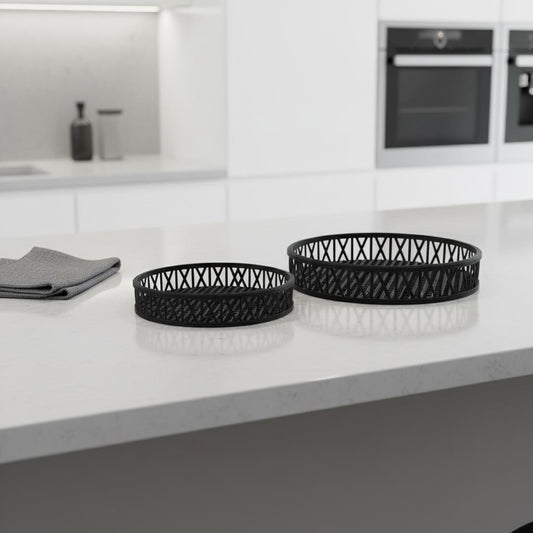 SET OF TWO BLACK ROUND WICKER HANDMADE SERVING TRAYS