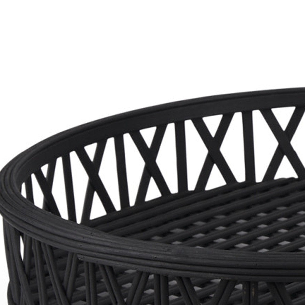 SET OF TWO BLACK ROUND WICKER HANDMADE SERVING TRAYS