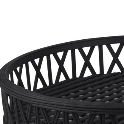 SET OF TWO BLACK ROUND WICKER HANDMADE SERVING TRAYS