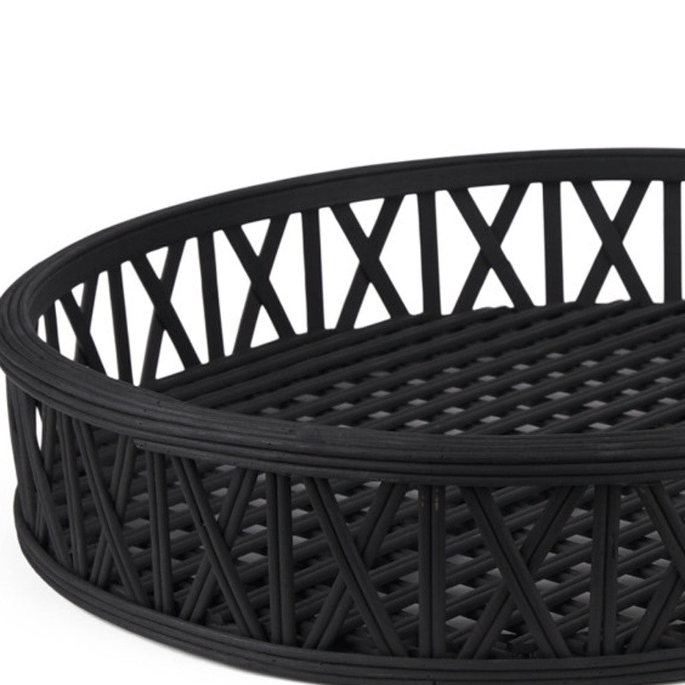 SET OF TWO BLACK ROUND WICKER HANDMADE SERVING TRAYS