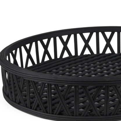 SET OF TWO BLACK ROUND WICKER HANDMADE SERVING TRAYS