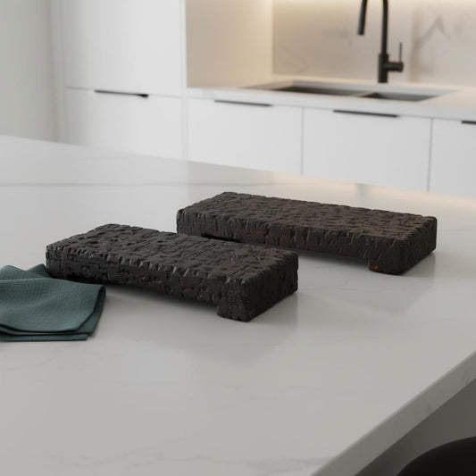 SET OF TWO BROWN WOOD HANDMADE SERVING TRAY