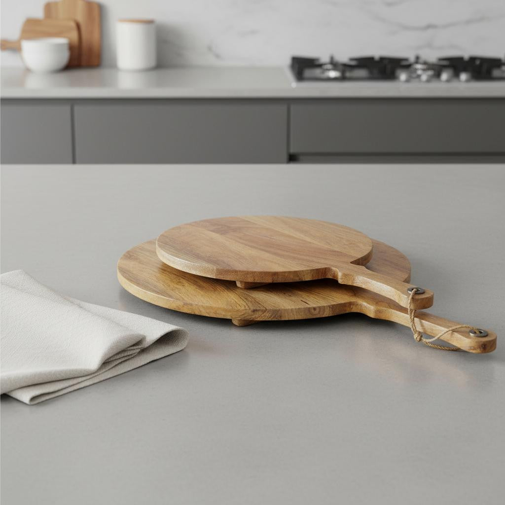 CALABASAS SET OF TWO NATURAL SOLID WOOD HANDMADE ROUND SERVE BOARDS WITH HANDLES - Varnish & Vibe