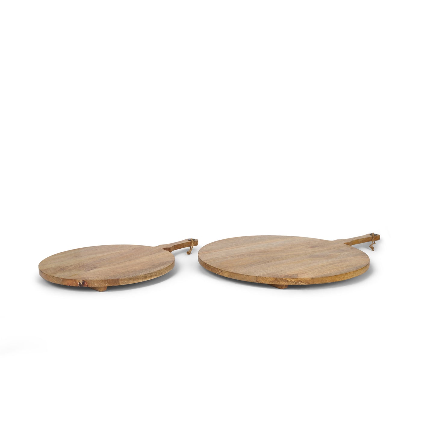 CALABASAS SET OF TWO NATURAL SOLID WOOD HANDMADE ROUND SERVE BOARDS WITH HANDLES - Varnish & Vibe