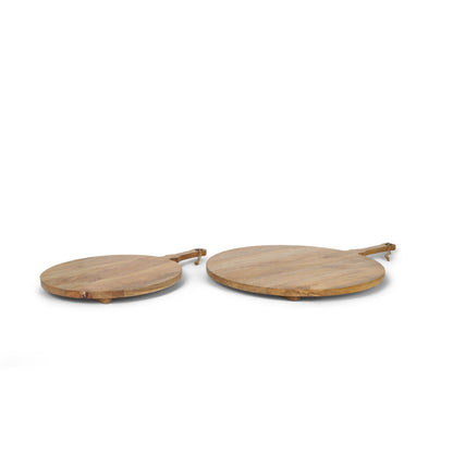 CALABASAS SET OF TWO NATURAL SOLID WOOD HANDMADE ROUND SERVE BOARDS WITH HANDLES - Varnish & Vibe