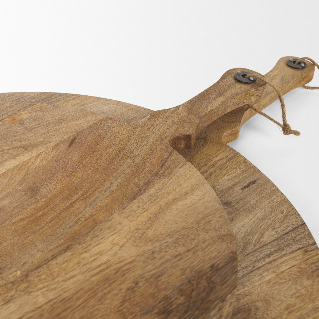 CALABASAS SET OF TWO NATURAL SOLID WOOD HANDMADE ROUND SERVE BOARDS WITH HANDLES - Varnish & Vibe