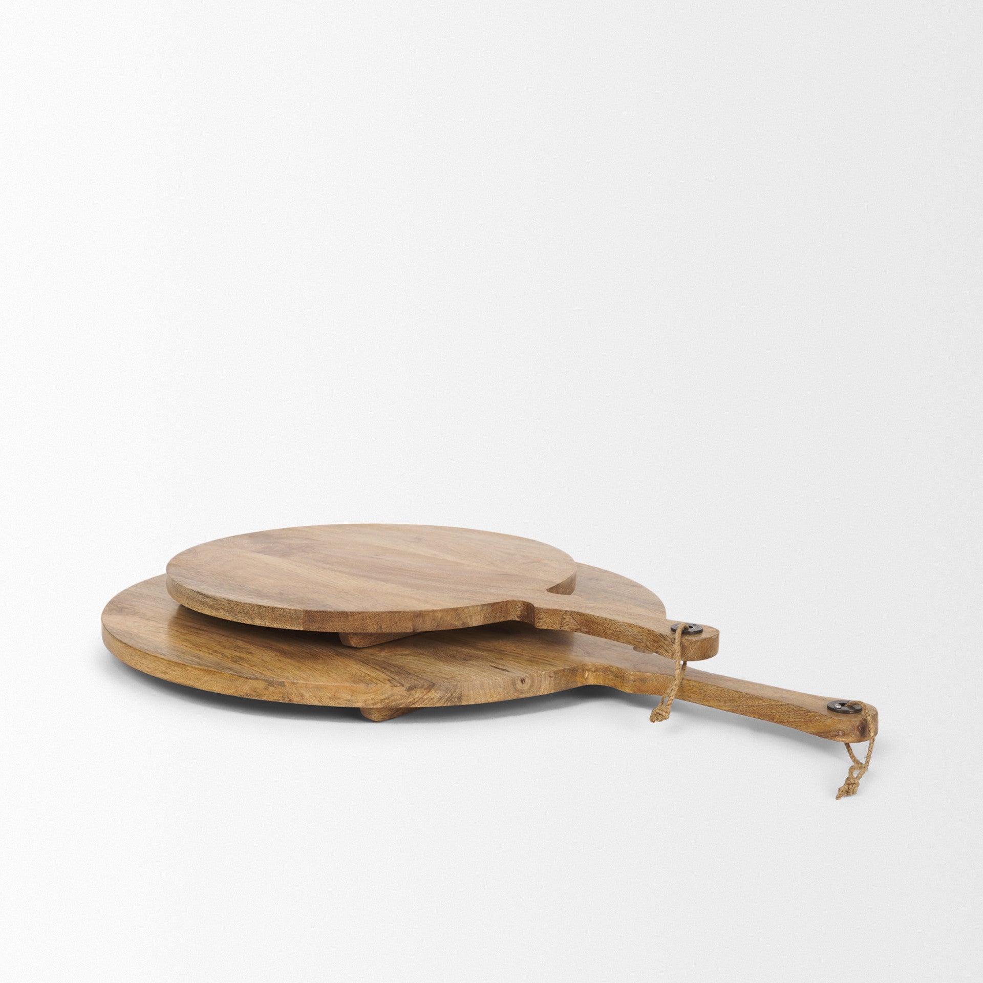 CALABASAS SET OF TWO NATURAL SOLID WOOD HANDMADE ROUND SERVE BOARDS WITH HANDLES - Varnish & Vibe