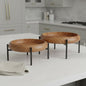 SET OF TWO BROWN SOLID WOOD HANDMADE ROUND SERVING TRAYS WITH STANDS