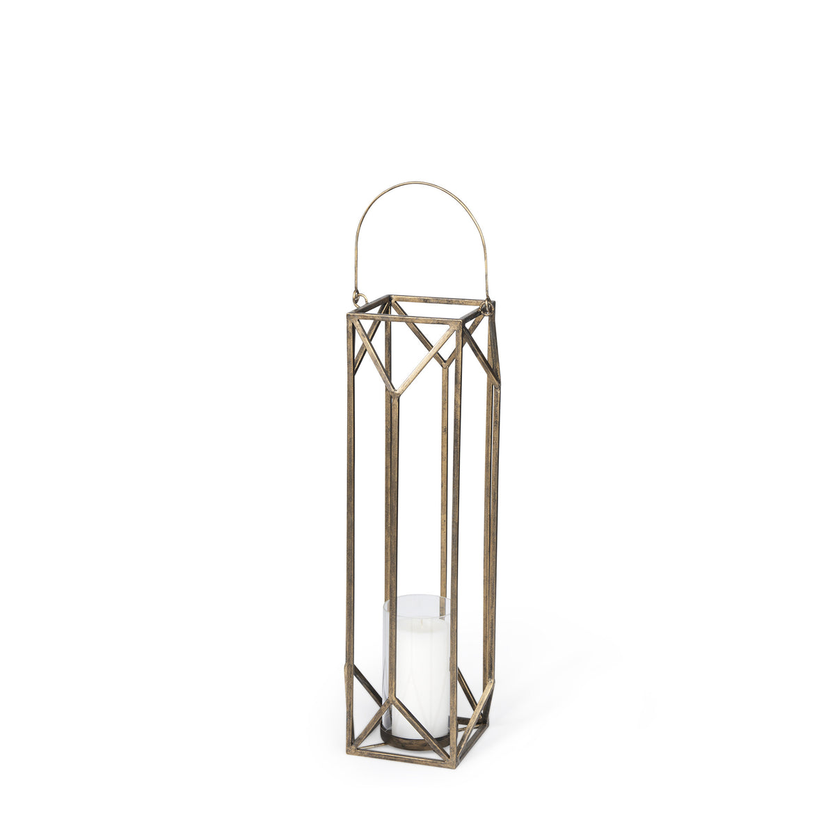 LAUREL 30" GOLD DISTRESSED GEOMETRIC METAL TABLETOP LANTERN CANDLE HOLDER