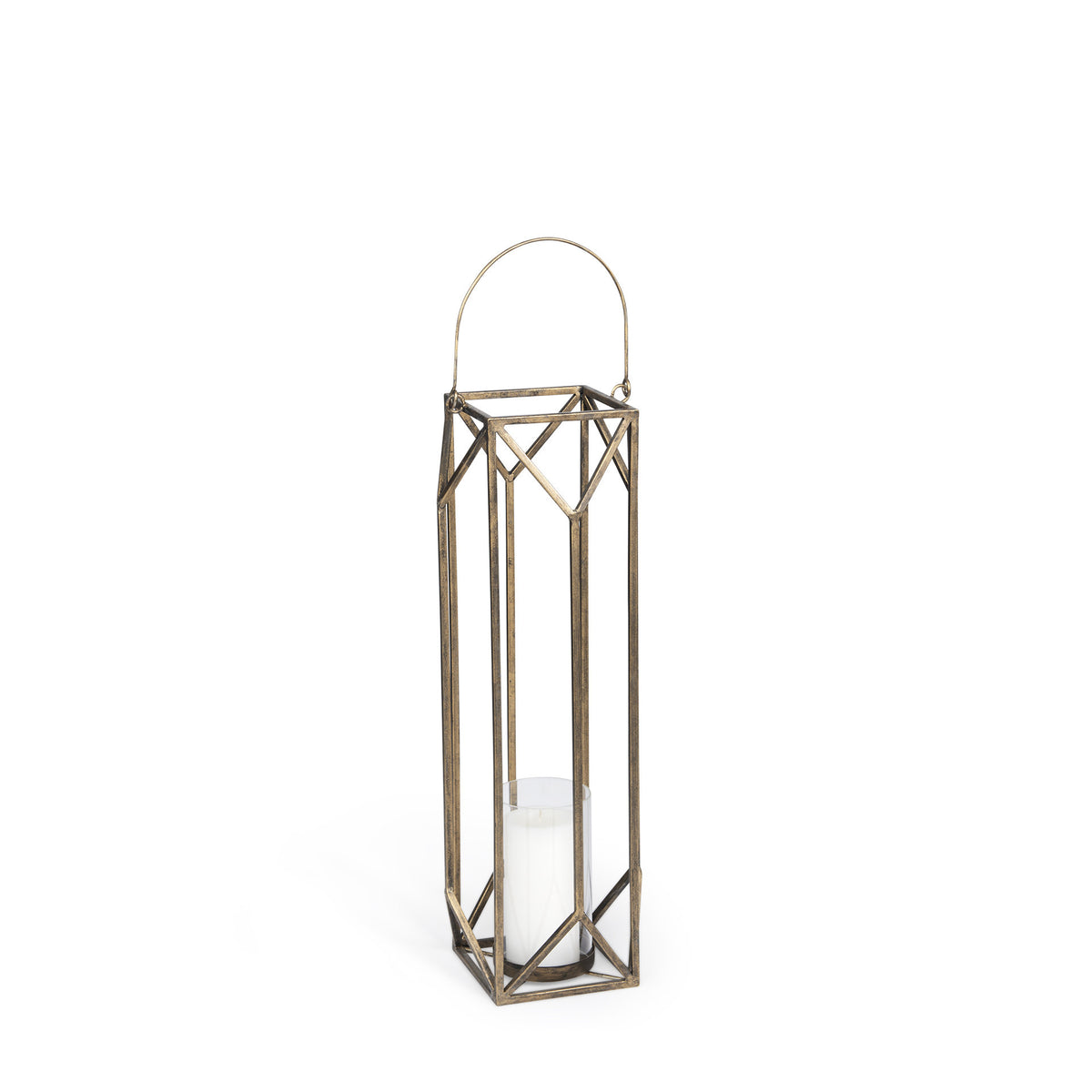 LAUREL 30" GOLD DISTRESSED GEOMETRIC METAL TABLETOP LANTERN CANDLE HOLDER