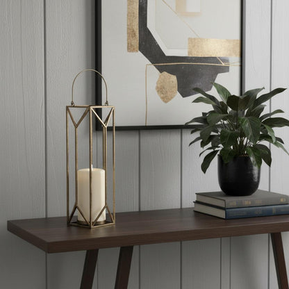 LAUREL 30" GOLD DISTRESSED GEOMETRIC METAL TABLETOP LANTERN CANDLE HOLDER