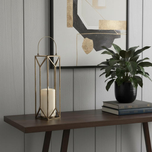 LAUREL 30" GOLD DISTRESSED GEOMETRIC METAL TABLETOP LANTERN CANDLE HOLDER