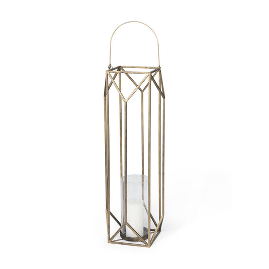 LAUREL 36" GOLD DISTRESSED GEOMETRIC METAL TABLETOP LANTERN CANDLE HOLDER