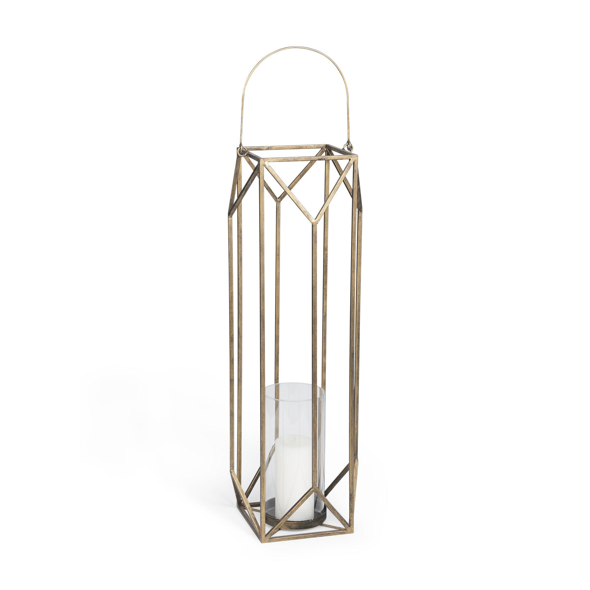 LAUREL 36" GOLD DISTRESSED GEOMETRIC METAL TABLETOP LANTERN CANDLE HOLDER