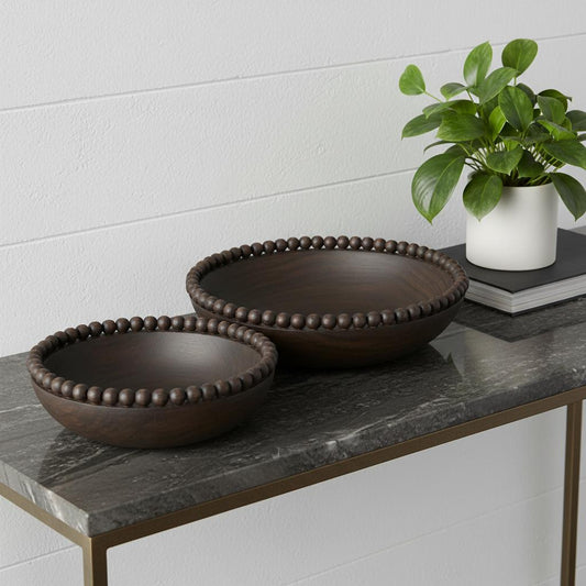 CALABASAS SET OF TWO BLACK SOLID WOOD BEADED EDGE ROUND CENTERPIECE BOWL - Varnish & Vibe