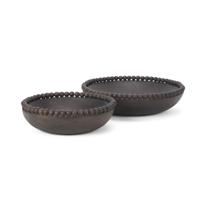 CALABASAS SET OF TWO BLACK SOLID WOOD BEADED EDGE ROUND CENTERPIECE BOWL - Varnish & Vibe