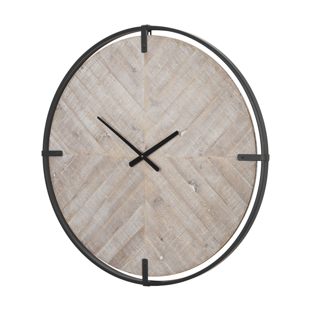 33" BLACK AND NATURAL METAL AND SOLID WOOD ANALOG DISTRESSED ROUND WALL CLOCK